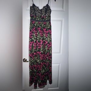 Lulu’s Divine Delight Floral Embroidered Lace Maxi Dress Black Pink Green XS